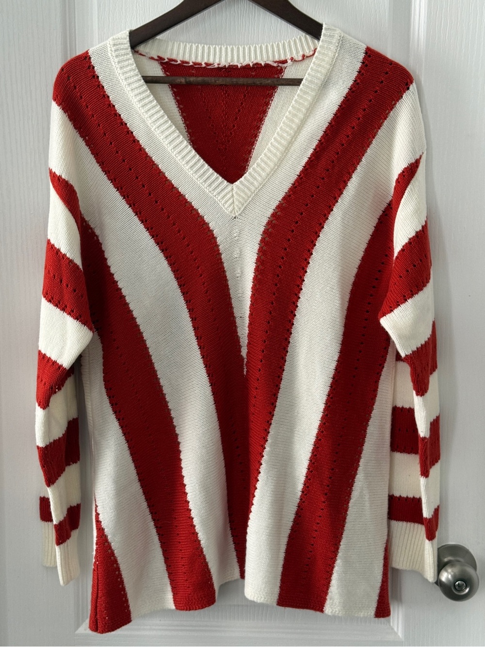V-Neck Red and White Striped Women's Sweater Size M